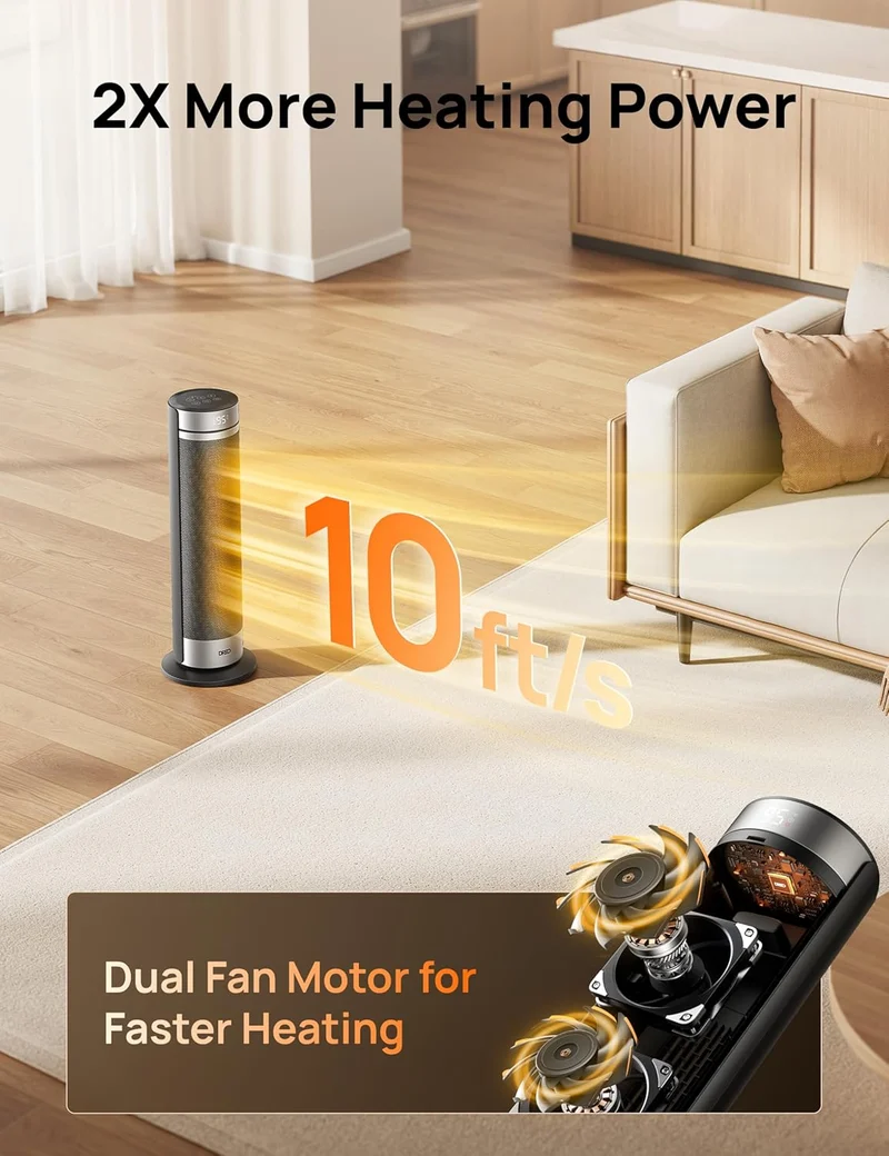 23" Space Heater for Large Room Indoor Use, 8 Safe Protection Tower, 70° Oscillation, PTC Ceramic w/ Thermostat and Remote, Quiet, 12H Timer - Silver
