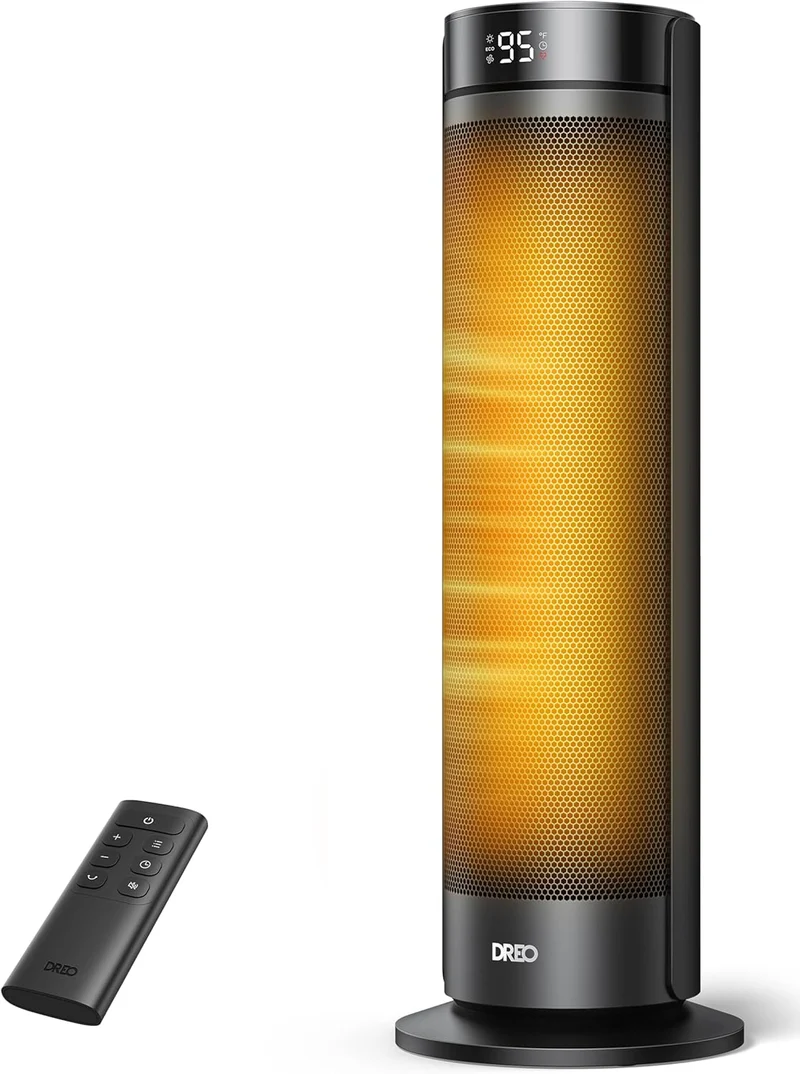 23" Space Heater for Large Room Indoor Use, 8 Safe Protection Tower, 70° Oscillation, PTC Ceramic w/ Thermostat and Remote, Quiet, 12H Timer - Black