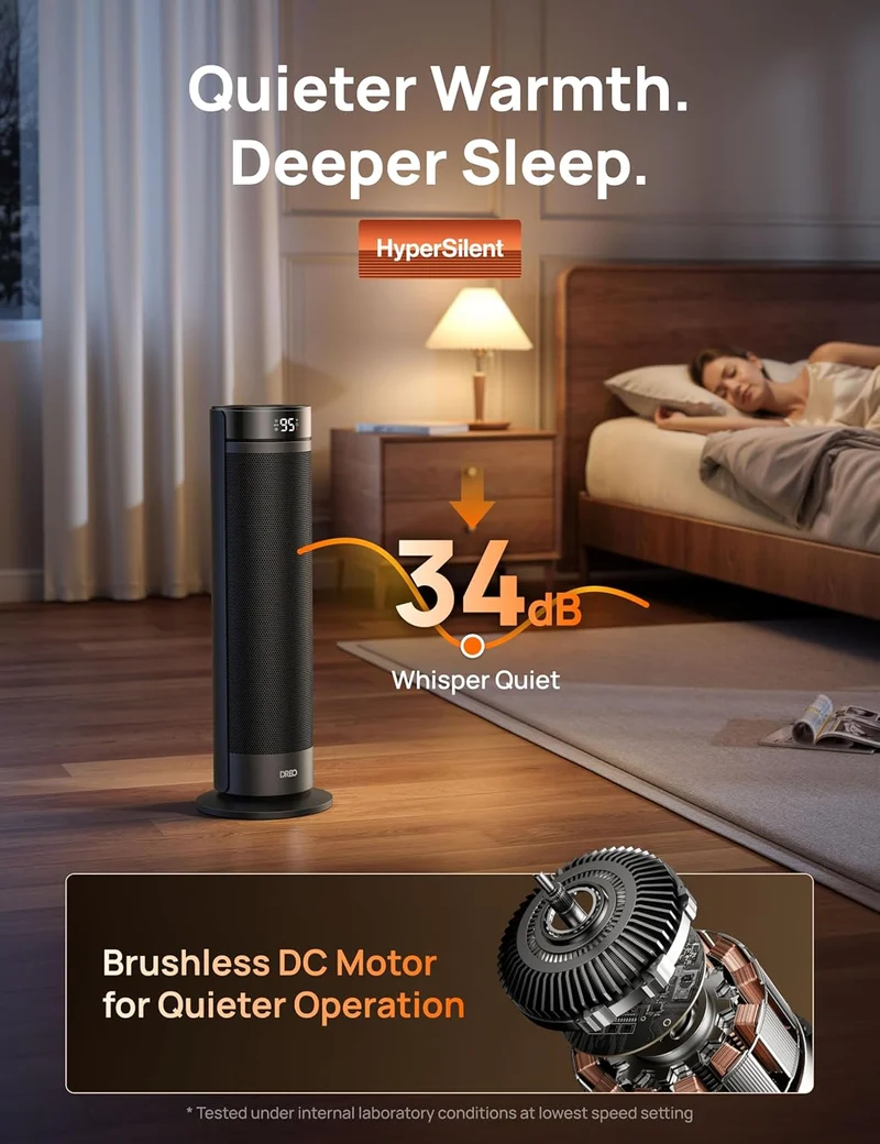 23" Space Heater for Large Room Indoor Use, 8 Safe Protection Tower, 70° Oscillation, PTC Ceramic w/ Thermostat and Remote, Quiet, 12H Timer - Black