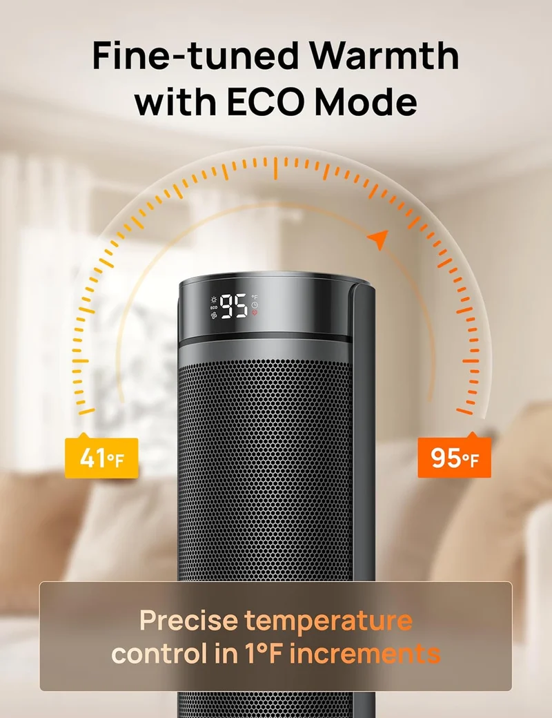 23" Space Heater for Large Room Indoor Use, 8 Safe Protection Tower, 70° Oscillation, PTC Ceramic w/ Thermostat and Remote, Quiet, 12H Timer - Black