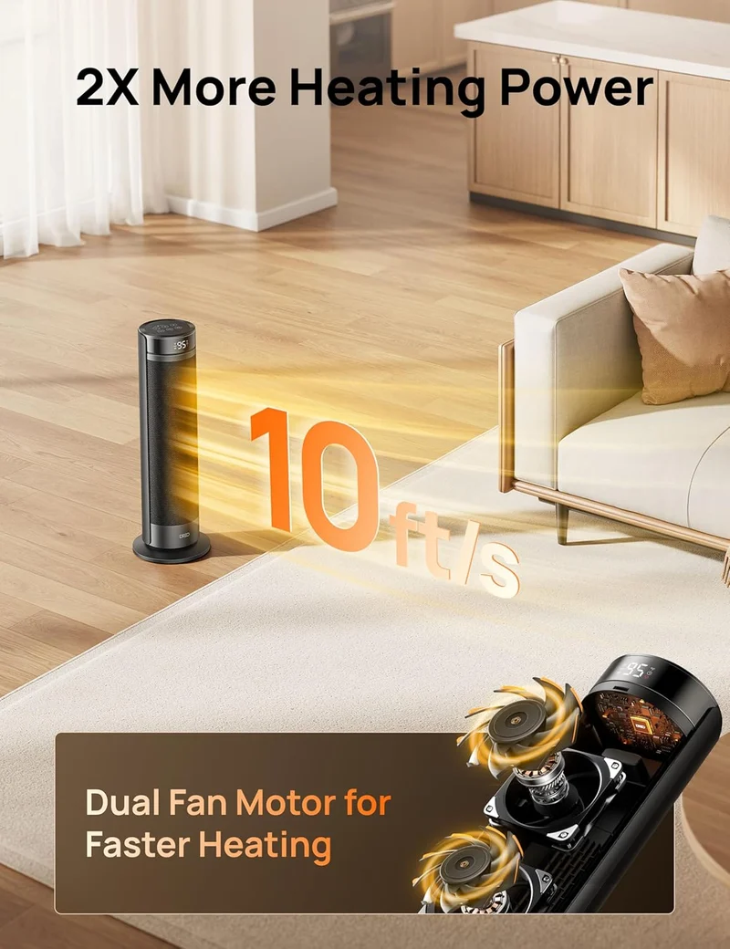 23" Space Heater for Large Room Indoor Use, 8 Safe Protection Tower, 70° Oscillation, PTC Ceramic w/ Thermostat and Remote, Quiet, 12H Timer - Black