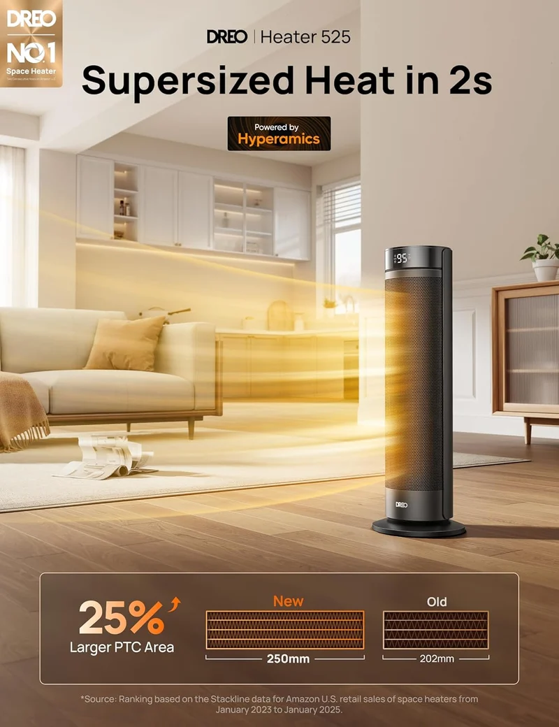 23" Space Heater for Large Room Indoor Use, 8 Safe Protection Tower, 70° Oscillation, PTC Ceramic w/ Thermostat and Remote, Quiet, 12H Timer - Black