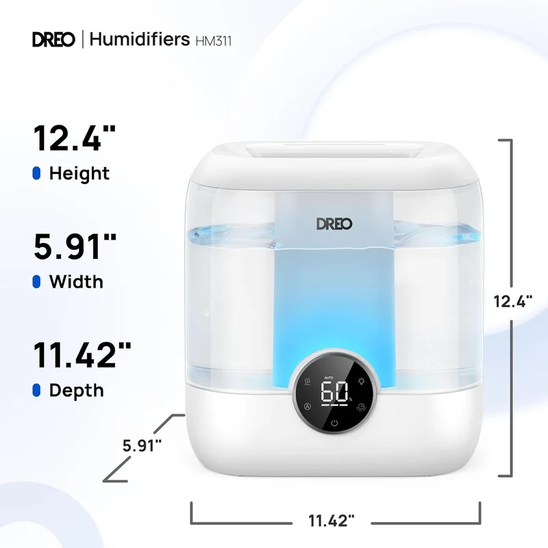 6L Top Fill Humidifiers 60H Runtime Quiet Supersized Cool Mist Air for Large Room Night Light, Easy to Clean, Precise Humidity Control - White