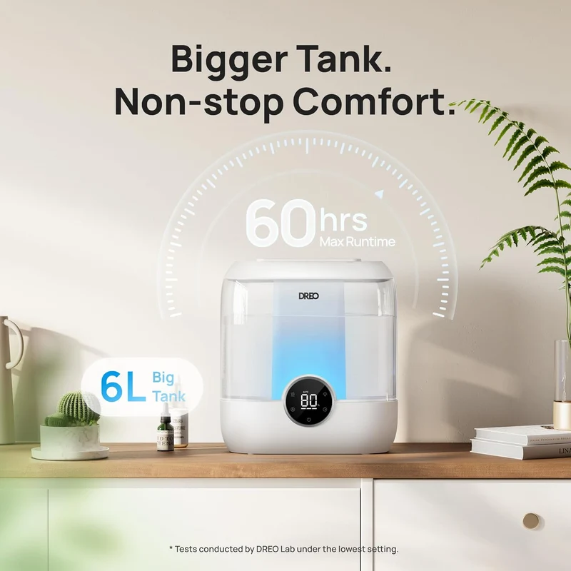 6L Top Fill Humidifiers 60H Runtime Quiet Supersized Cool Mist Air for Large Room Night Light, Easy to Clean, Precise Humidity Control - White