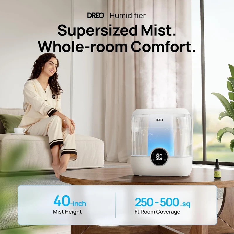 6L Top Fill Humidifiers 60H Runtime Quiet Supersized Cool Mist Air for Large Room Night Light, Easy to Clean, Precise Humidity Control - White
