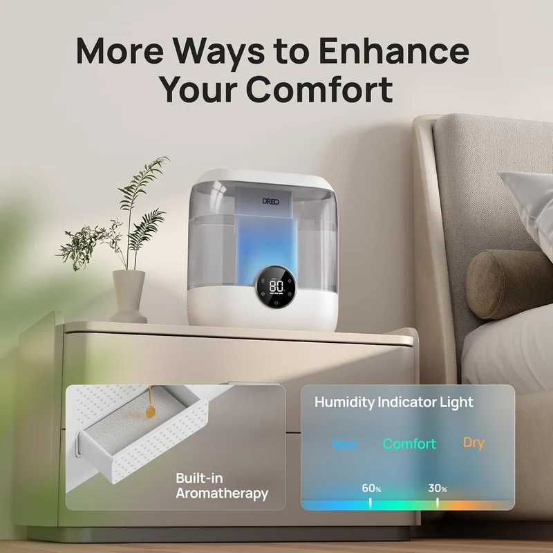 6L Top Fill Humidifiers 60H Runtime Quiet Supersized Cool Mist Air for Large Room Night Light, Easy to Clean, Precise Humidity Control - Gray