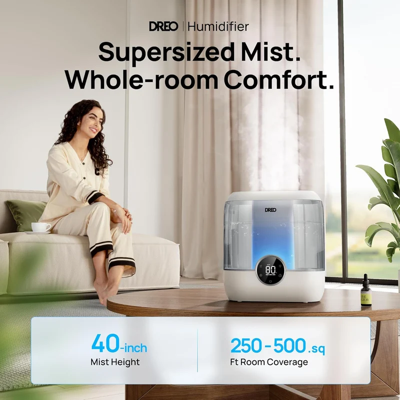 6L Top Fill Humidifiers 60H Runtime Quiet Supersized Cool Mist Air for Large Room Night Light, Easy to Clean, Precise Humidity Control - Gray