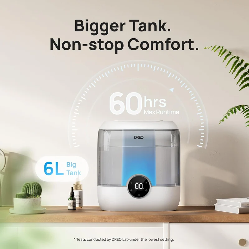 6L Top Fill Humidifiers 60H Runtime Quiet Supersized Cool Mist Air for Large Room Night Light, Easy to Clean, Precise Humidity Control - Gray
