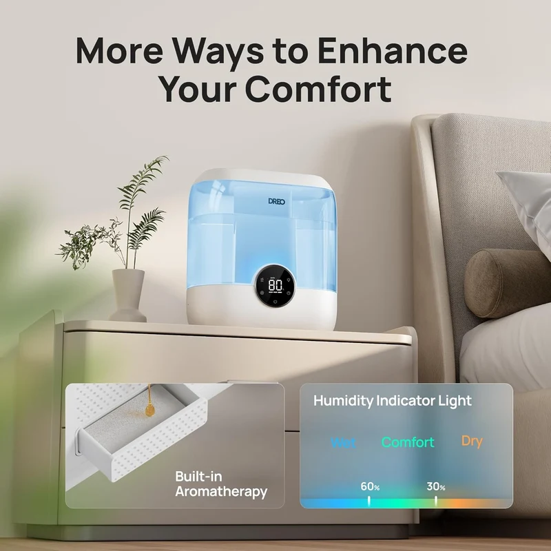 6L Top Fill Humidifiers 60H Runtime Quiet Supersized Cool Mist Air for Large Room Night Light, Easy to Clean, Precise Humidity Control - Blue