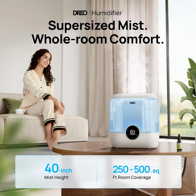 6L Top Fill Humidifiers 60H Runtime Quiet Supersized Cool Mist Air for Large Room Night Light, Easy to Clean, Precise Humidity Control - Blue