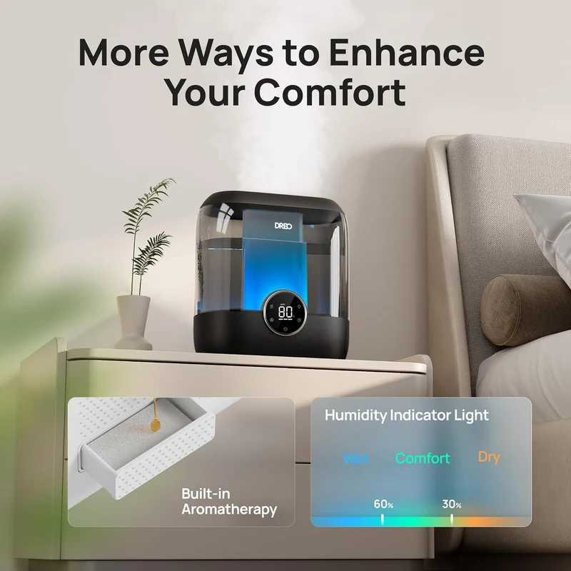 6L Top Fill Humidifiers 60H Runtime Quiet Supersized Cool Mist Air for Large Room Night Light, Easy to Clean, Precise Humidity Control - Black