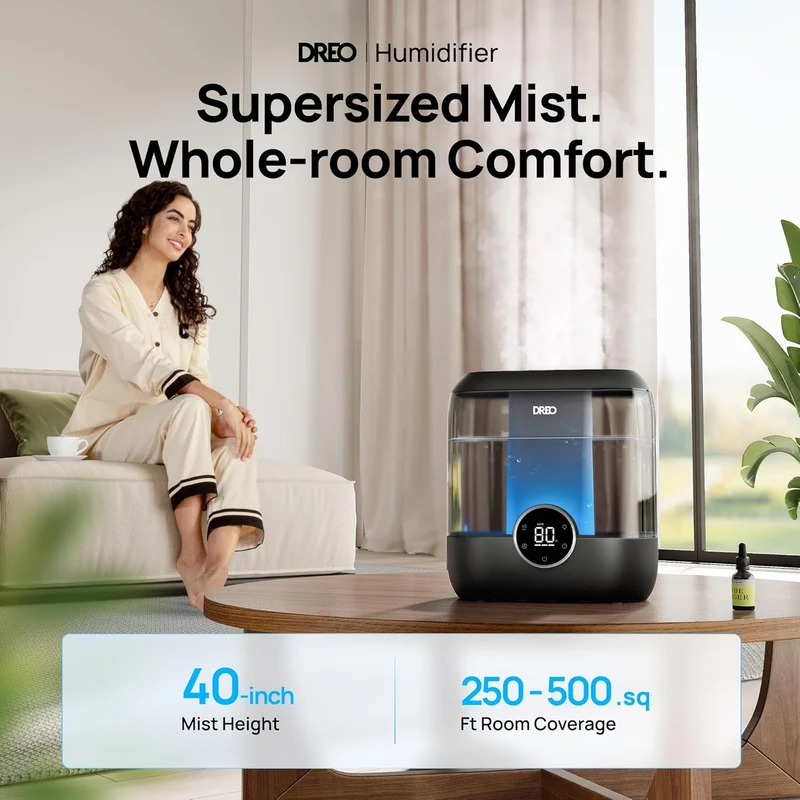 6L Top Fill Humidifiers 60H Runtime Quiet Supersized Cool Mist Air for Large Room Night Light, Easy to Clean, Precise Humidity Control - Black