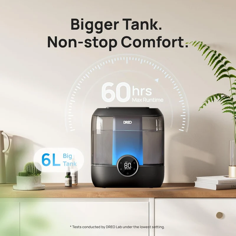 6L Top Fill Humidifiers 60H Runtime Quiet Supersized Cool Mist Air for Large Room Night Light, Easy to Clean, Precise Humidity Control - Black