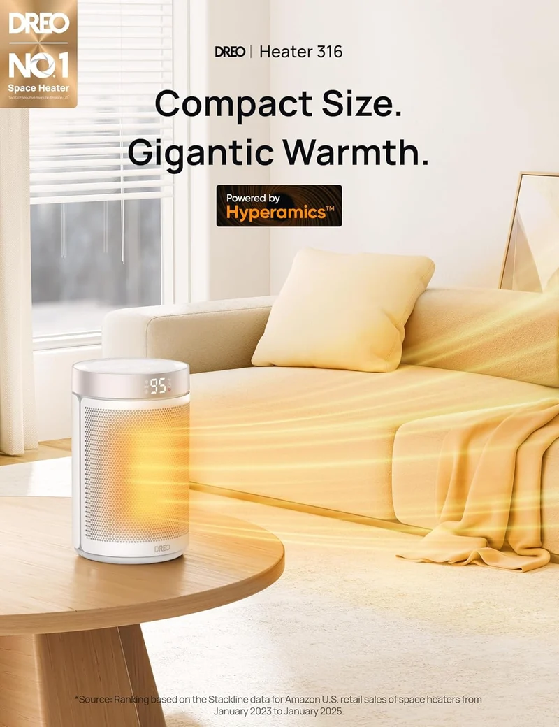 Portable Space Heater for Indoor Use w/ Thermostat, Digital Display, 1-12H Timer, Eco Mode and Fan Mode, 1500W PTC Ceramic - White