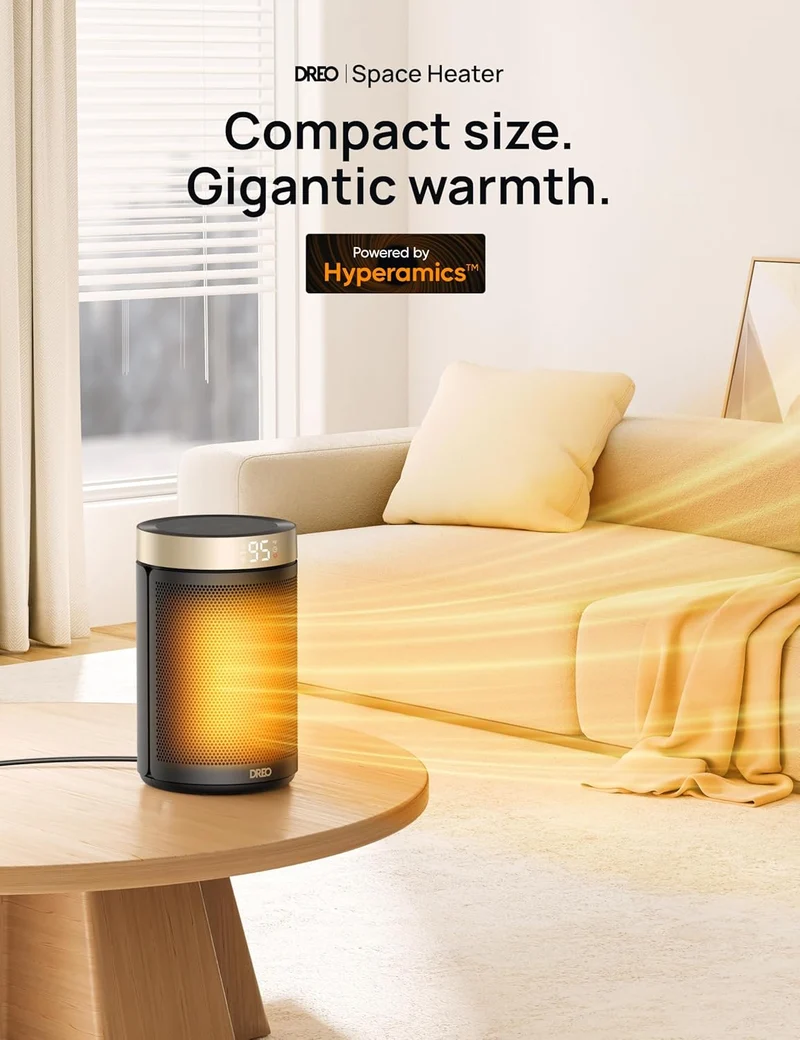 Portable Space Heater for Indoor Use w/ Thermostat, Digital Display, 1-12H Timer, Eco Mode and Fan Mode, 1500W PTC Ceramic