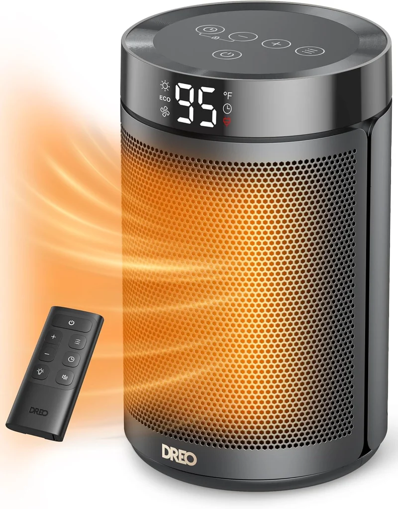 Portable Space Heater for Indoor Use w/ Thermostat, Digital Display, 1-12H Timer, Eco Mode and Fan Mode, 1500W PTC Ceramic - Black