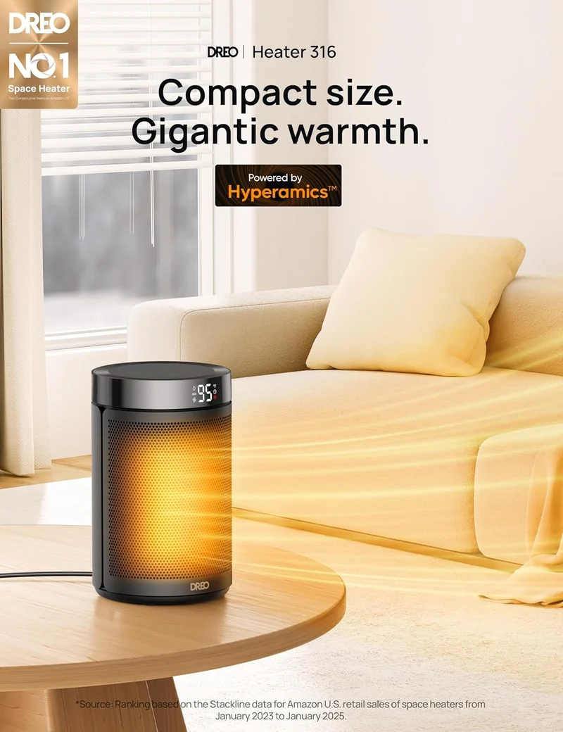 Portable Space Heater for Indoor Use w/ Thermostat, Digital Display, 1-12H Timer, Eco Mode and Fan Mode, 1500W PTC Ceramic - Black