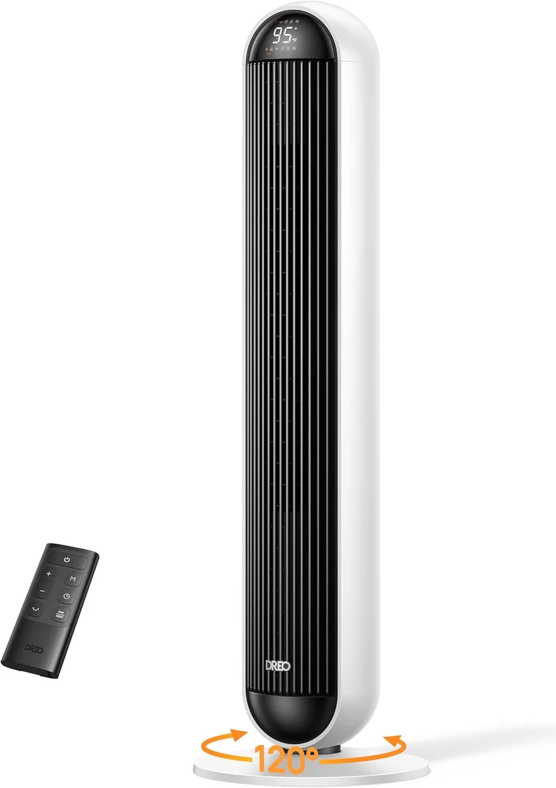 Tower Fan and Heater Combo, 29.2ft/s Standing 17 Levels, 6 Modes, 120° Oscillation, 42 Inch, 12H Timer, 25dB Quiet, w/ Remote, for Office, Large Room - White