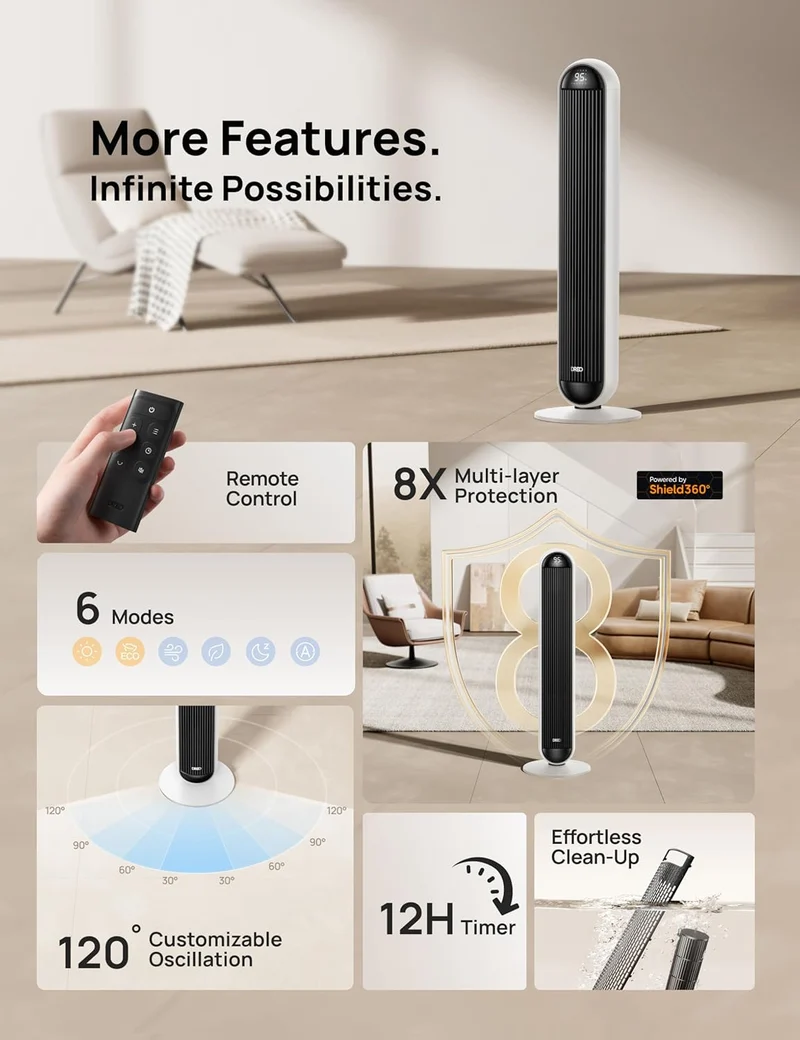 Tower Fan and Heater Combo, 29.2ft/s Standing 17 Levels, 6 Modes, 120° Oscillation, 42 Inch, 12H Timer, 25dB Quiet, w/ Remote, for Office, Large Room - White