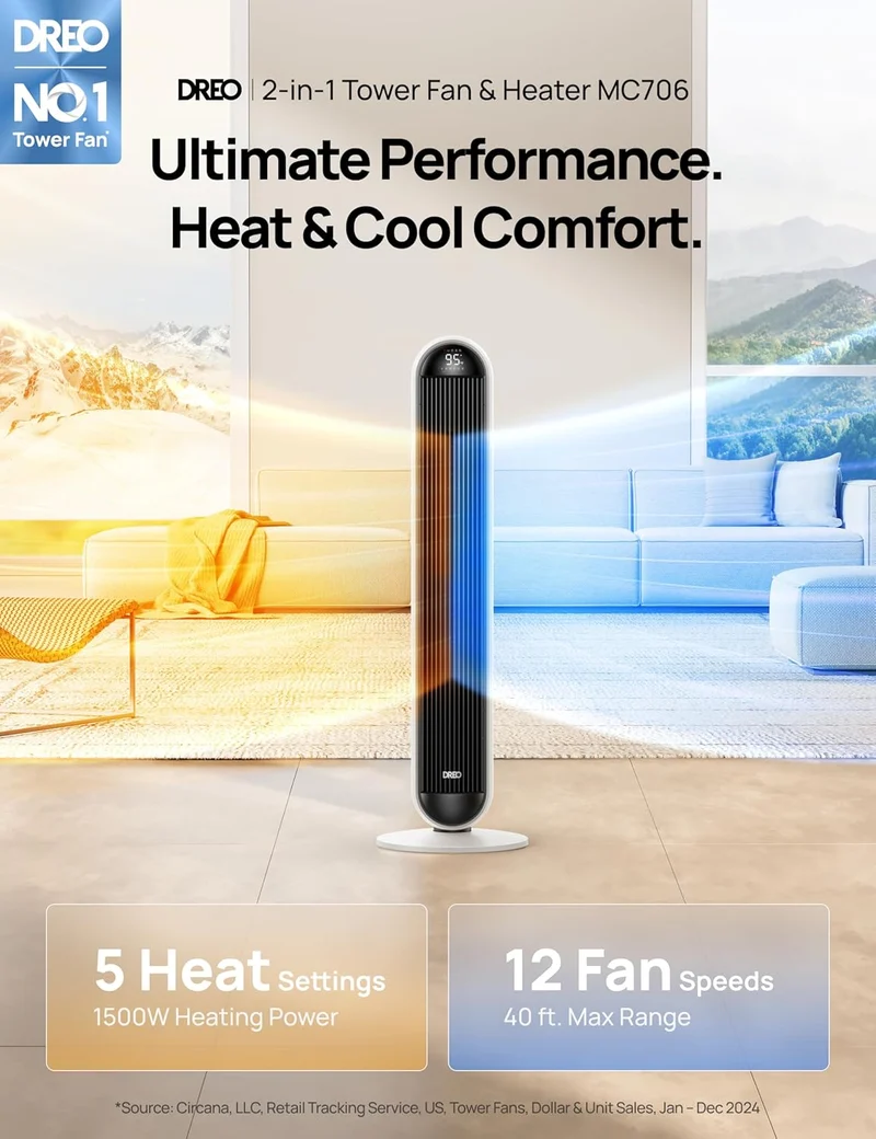 Tower Fan and Heater Combo, 29.2ft/s Standing 17 Levels, 6 Modes, 120° Oscillation, 42 Inch, 12H Timer, 25dB Quiet, w/ Remote, for Office, Large Room - White