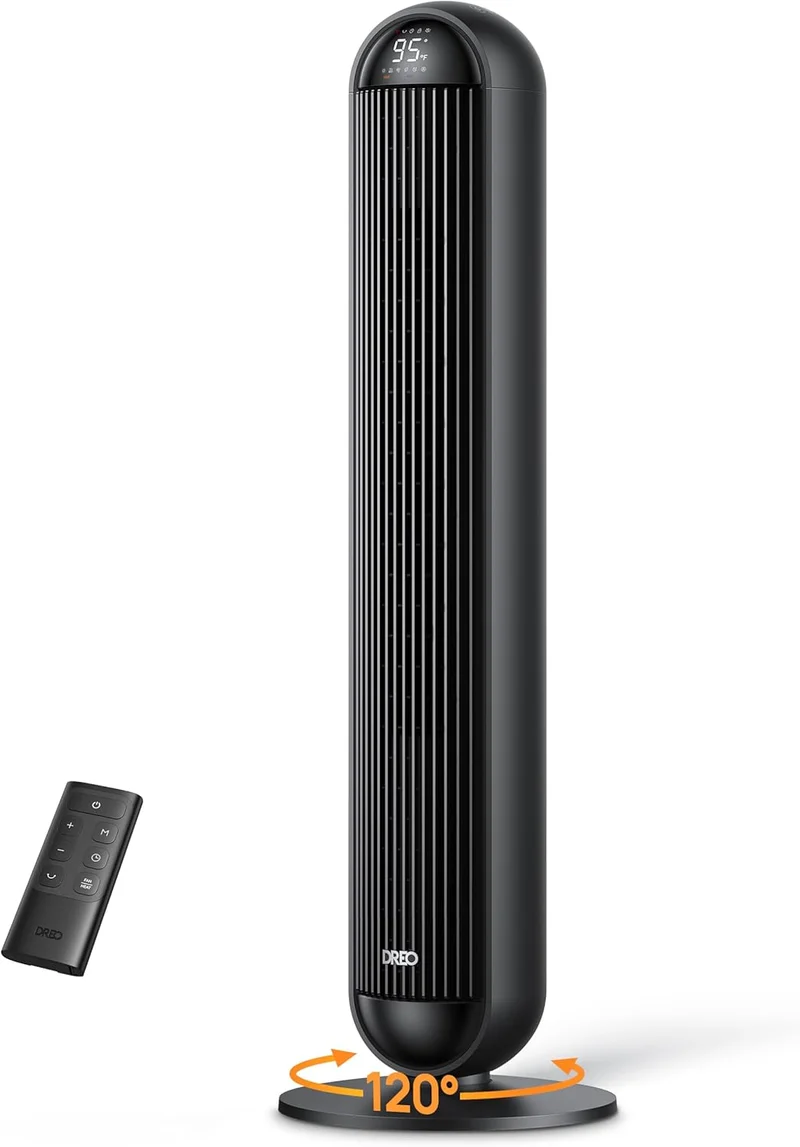 Tower Fan and Heater Combo, 29.2ft/s Standing 17 Levels, 6 Modes, 120° Oscillation, 42 Inch, 12H Timer, 25dB Quiet, w/ Remote, for Office, Large Room - Black