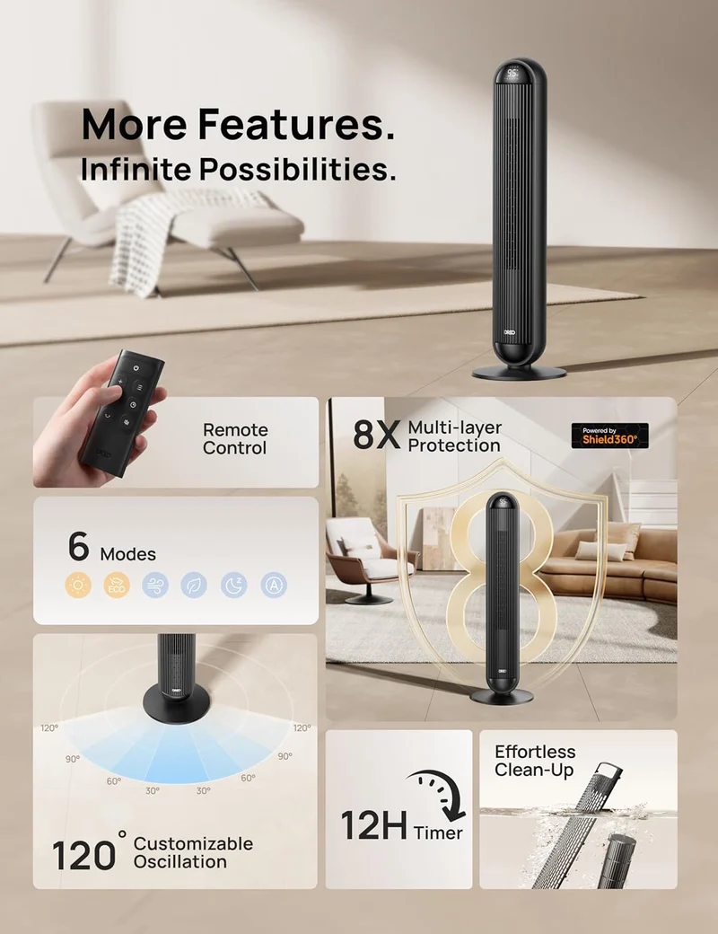 Tower Fan and Heater Combo, 29.2ft/s Standing 17 Levels, 6 Modes, 120° Oscillation, 42 Inch, 12H Timer, 25dB Quiet, w/ Remote, for Office, Large Room - Black