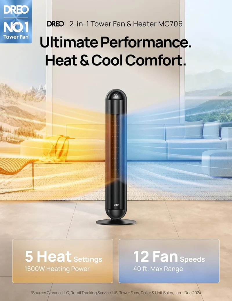 Tower Fan and Heater Combo, 29.2ft/s Standing 17 Levels, 6 Modes, 120° Oscillation, 42 Inch, 12H Timer, 25dB Quiet, w/ Remote, for Office, Large Room - Black