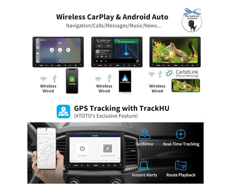 9" Android Double Din Car Stereo, 4G LTE, Wi-Fi/BT/USB tethering, Wireless CarPlay & Android Auto, Dual Bluetooth, HD Live Rearview Camera, DSP&SCVC, AI Chat