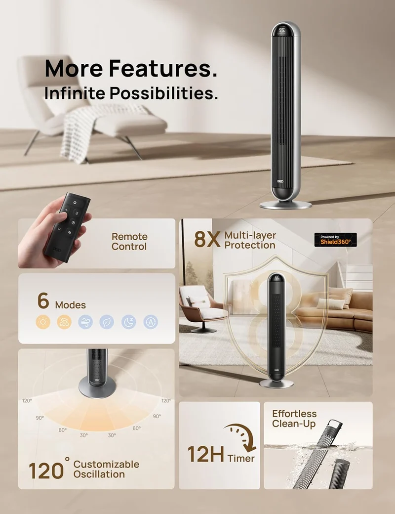 Tower Fan and Heater Combo, 29.2ft/s Standing 17 Levels, 6 Modes, 120° Oscillation, 42 Inch, 12H Timer, 25dB Quiet, w/ Remote, for Office, Large Room - Silver