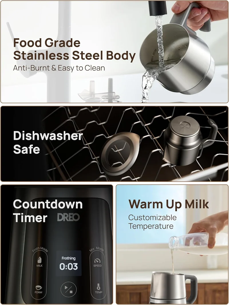 Milk Frother All-in-1 Electric 15oz/450ml Automatic Foam Frother for Latte Art-level Microfoam, 30+ Drinks, Easy to Clean, Dishwasher Safe, LED display
