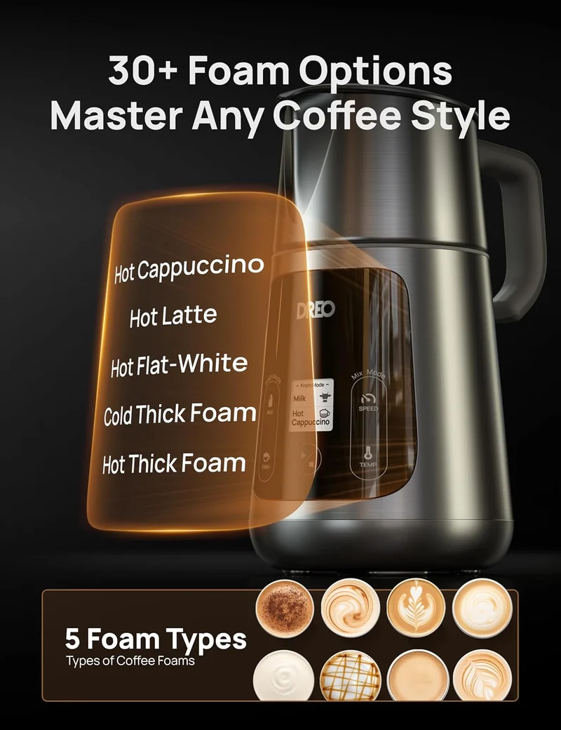 Milk Frother All-in-1 Electric 15oz/450ml Automatic Foam Frother for Latte Art-level Microfoam, 30+ Drinks, Easy to Clean, Dishwasher Safe, LED display