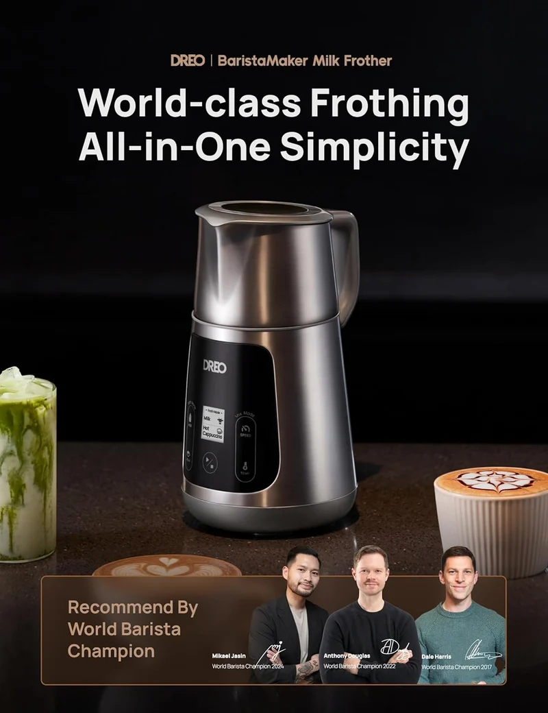 Milk Frother All-in-1 Electric 15oz/450ml Automatic Foam Frother for Latte Art-level Microfoam, 30+ Drinks, Easy to Clean, Dishwasher Safe, LED display