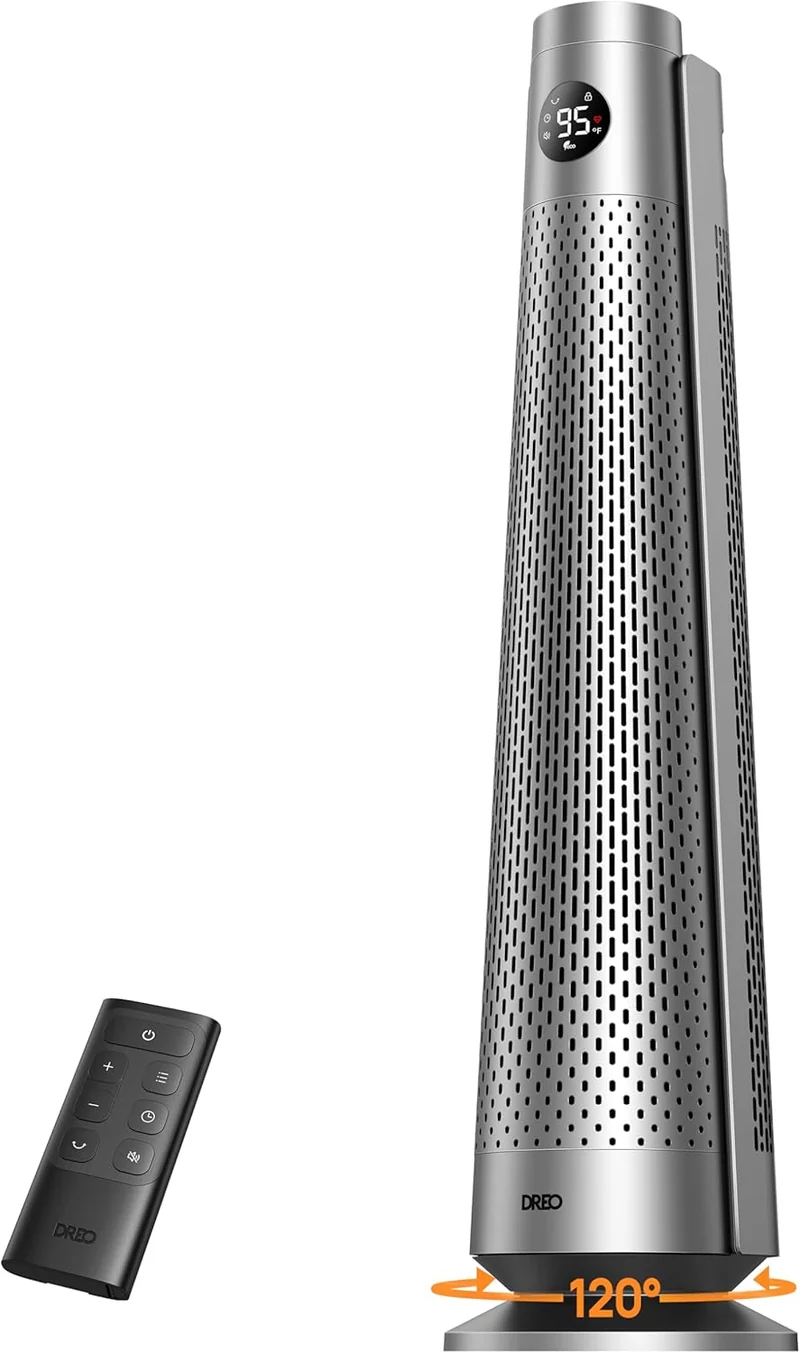 Space Heater Large Room, 30" Electric w/ Remote, 120° Oscillation, Adjustable Thermostat, 5 Heat & 3 Fan levels, 8 Safety Protections, 25dB Quiet, 1-12H Timer- Silver