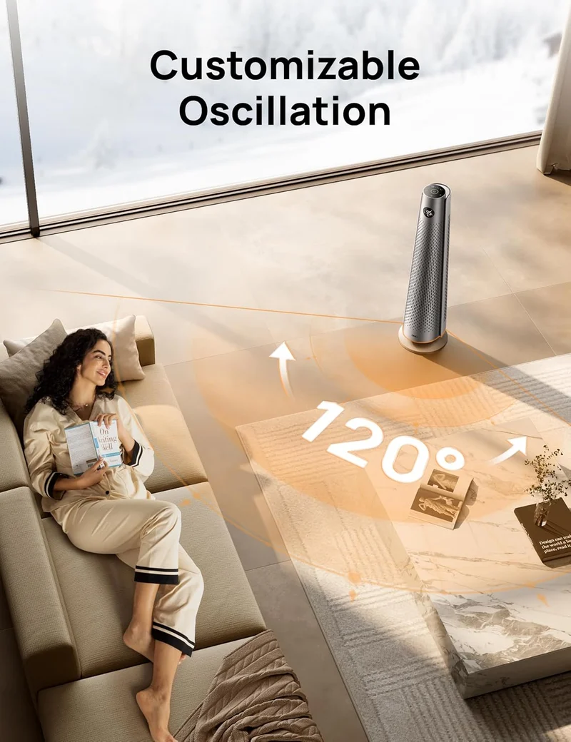 Space Heater Large Room, 30" Electric w/ Remote, 120° Oscillation, Adjustable Thermostat, 5 Heat & 3 Fan levels, 8 Safety Protections, 25dB Quiet, 1-12H Timer- Silver