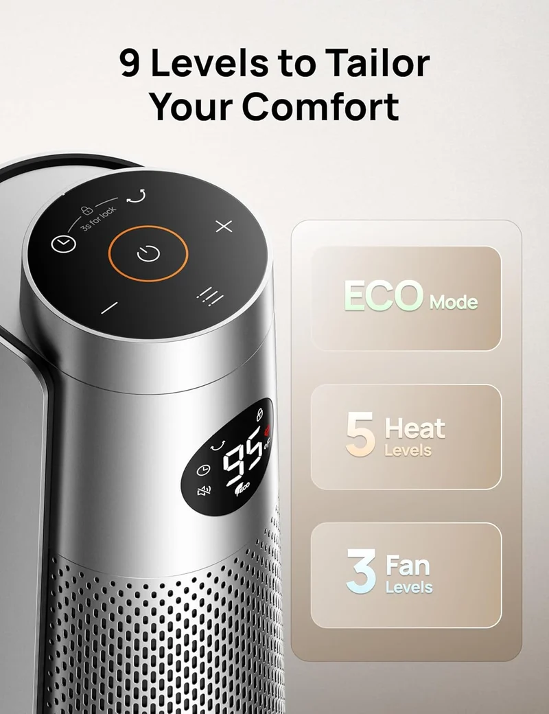 Space Heater Large Room, 30" Electric w/ Remote, 120° Oscillation, Adjustable Thermostat, 5 Heat & 3 Fan levels, 8 Safety Protections, 25dB Quiet, 1-12H Timer- Silver