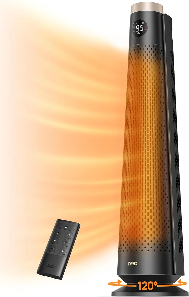 Space Heater Large Room, 30" Electric w/ Remote, 120° Oscillation, Adjustable Thermostat, 5 Heat & 3 Fan levels, 8 Safety Protections, 25dB Quiet, 1-12H Timer- Gold