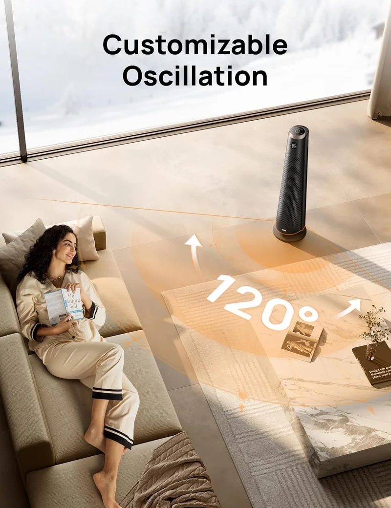 Space Heater Large Room, 30" Electric w/ Remote, 120° Oscillation, Adjustable Thermostat, 5 Heat & 3 Fan levels, 8 Safety Protections, 25dB Quiet, 1-12H Timer- Gold