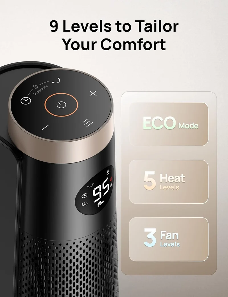 Space Heater Large Room, 30" Electric w/ Remote, 120° Oscillation, Adjustable Thermostat, 5 Heat & 3 Fan levels, 8 Safety Protections, 25dB Quiet, 1-12H Timer- Gold