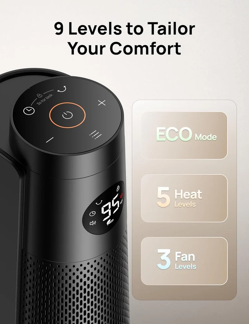 Space Heater Large Room, 30" Electric w/ Remote, 120° Oscillation, Adjustable Thermostat, 5 Heat & 3 Fan levels, 8 Safety Protections, 25dB Quiet, 1-12H Timer- Black