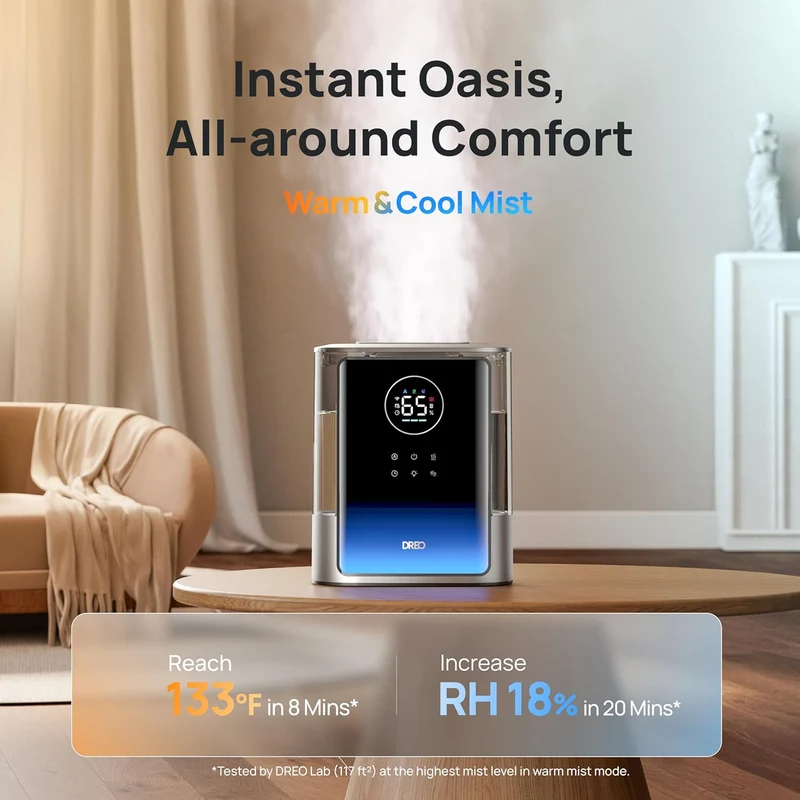 8L Smart Humidifier Large Room 600ft², HM717S, 80H Runtime Supersized Warm and Cool Mist 28dB Quiet Air Humidifier for Indoor - Silver
