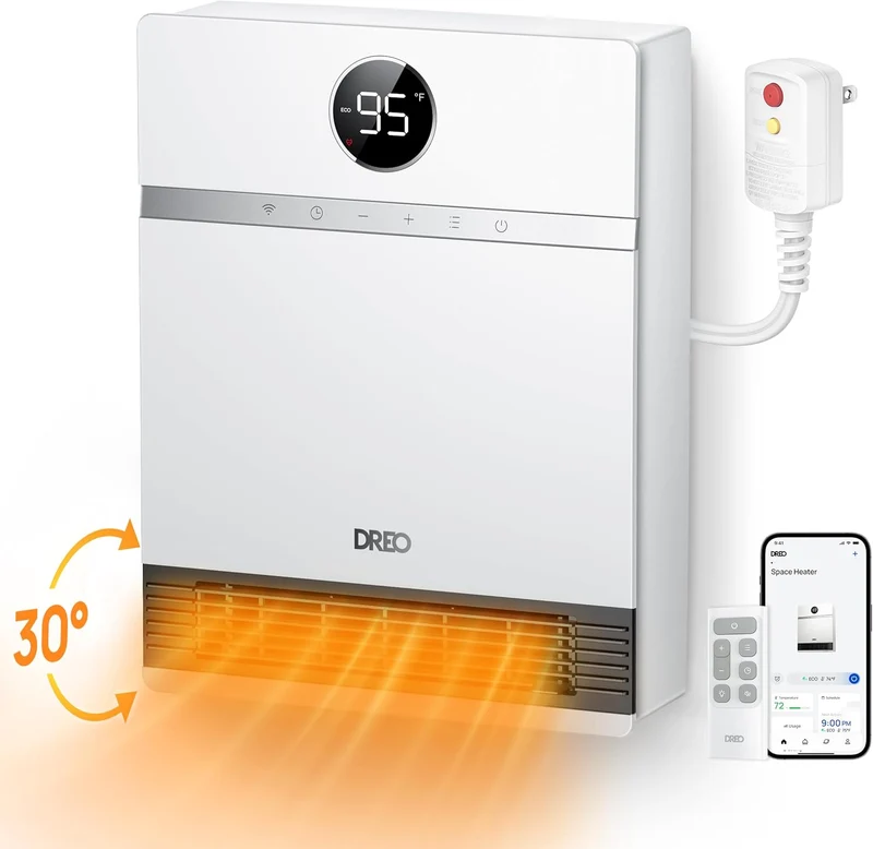 Smart Wall Heater, IP24 Electric Space w/ ALCI Plug for Indoor Use, 30° Oscillation, Adjustable Thermostat, Remote Control, Works with Alexa, 24H Timer