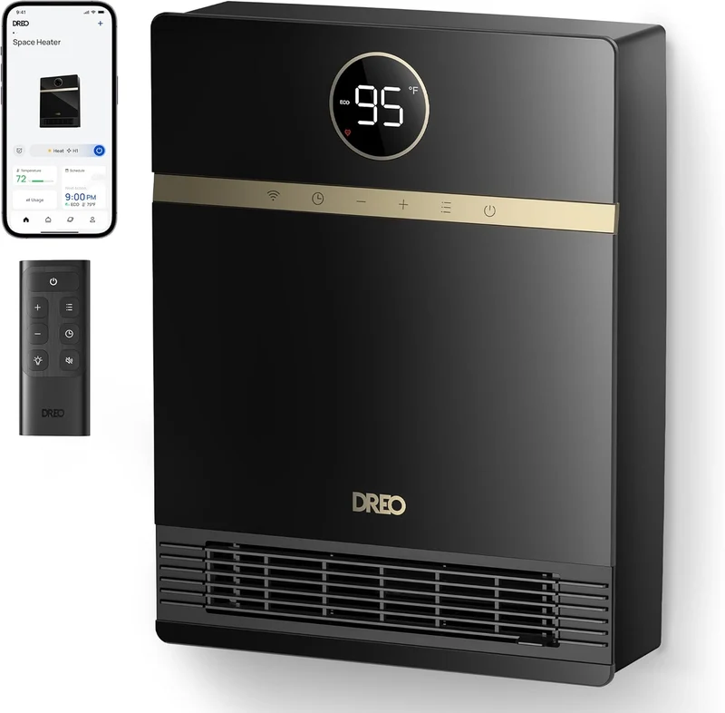 Smart Wall Heater, IP24 Electric PTC for Indoor Use, 30° Oscillation, Adjustable Thermostat, Remote Control, Works with Alexa, 24H Timer, Easy-mounted - Black