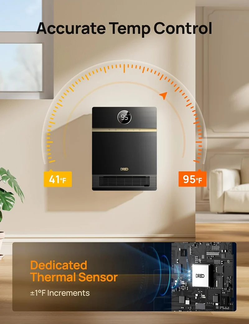 Smart Wall Heater, IP24 Electric PTC for Indoor Use, 30° Oscillation, Adjustable Thermostat, Remote Control, Works with Alexa, 24H Timer, Easy-mounted - Black