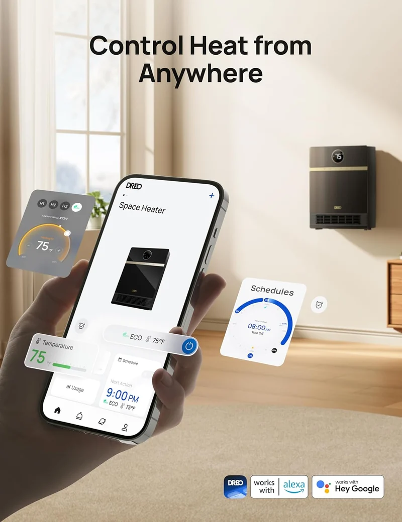 Smart Wall Heater, IP24 Electric PTC for Indoor Use, 30° Oscillation, Adjustable Thermostat, Remote Control, Works with Alexa, 24H Timer, Easy-mounted - Black