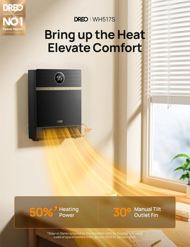 Smart Wall Heater, IP24 Electric PTC for Indoor Use, 30° Oscillation, Adjustable Thermostat, Remote Control, Works with Alexa, 24H Timer, Easy-mounted - Black