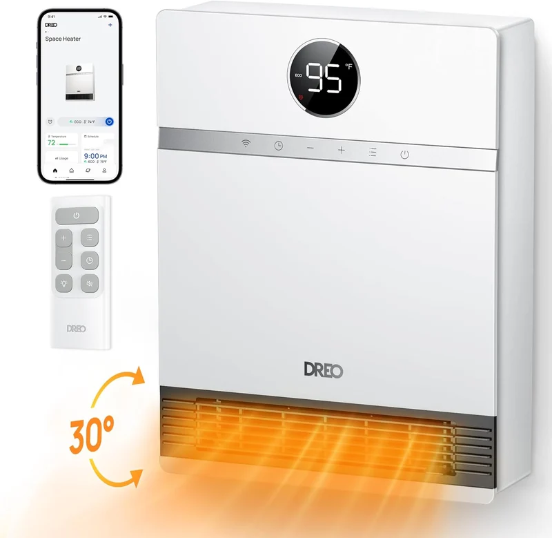 Smart Wall Heater, IP24 Electric PTC for Indoor Use, 30° Oscillation, Adjustable Thermostat, Remote Control, Works with Alexa, 24H Timer, Easy-mounted - White