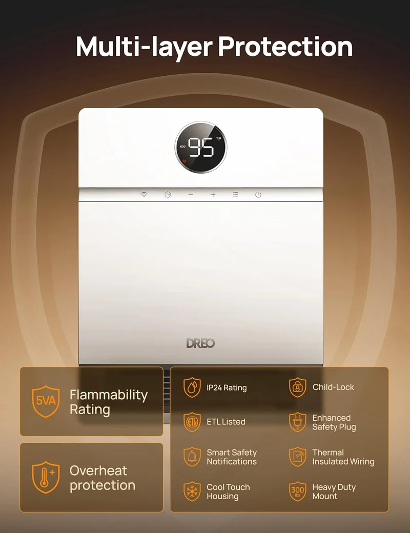 Smart Wall Heater, IP24 Electric PTC for Indoor Use, 30° Oscillation, Adjustable Thermostat, Remote Control, Works with Alexa, 24H Timer, Easy-mounted - White