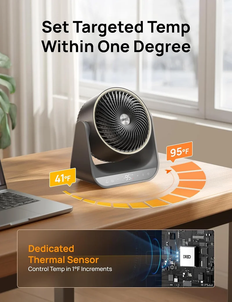 Heater 714, 60° Vertical & 90° Horizontal 3D Oscillating Heating, 12 ft/s Long-Range Circulator, 3 Heat & 3 Fan Settings, for Indoor - Grey