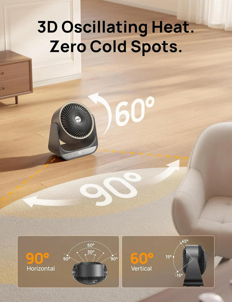 Heater 714, 60° Vertical & 90° Horizontal 3D Oscillating Heating, 12 ft/s Long-Range Circulator, 3 Heat & 3 Fan Settings, for Indoor - Grey