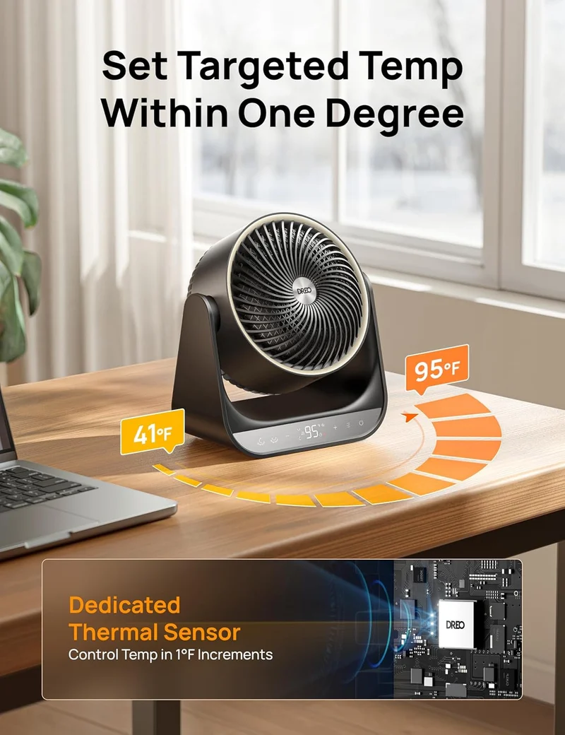 Heater 714, 60° Vertical & 90° Horizontal 3D Oscillating Heating, 12 ft/s Long-Range Circulator, 3 Heat & 3 Fan Settings, for Indoor - Black